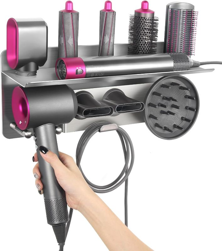Photo 1 of Hair Dryer Holder Compatible with Dyson Supersonic Hair Dryer Compatible with Dyson Airwrap Styler Organizer Storage 2in1 Wall Mounted Stand Fits Curler Diffuser 2 Nozzles for Bathroom Bedroom Salon
