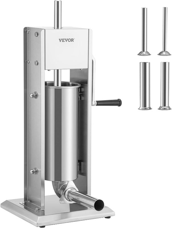 Photo 1 of VEVOR Manual 11LBS/5L Capacity, Two Speed 304 Stainless Steel Vertical Stuffer, Sausage Filling Machine with 4 Stuffing Tubes, Suction Base for Household or Commercial Use, 5L, Silver
