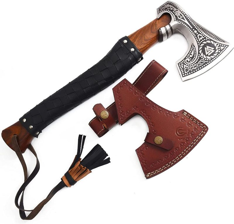 Photo 1 of Custom Handmade Carbon Steel Viking Axe – 19” Inches Hand Forged Medieval Axe with Leather Sheath – Camping and Forest Hunting Hatchet – Gift for HIM (Full Leather)
