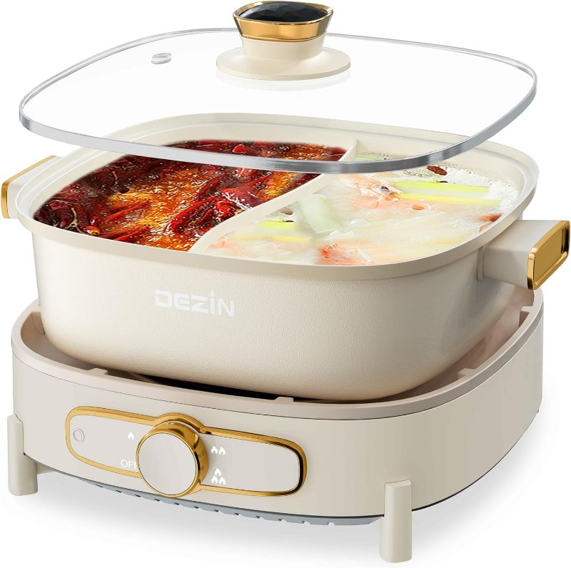 Photo 1 of Dezin Hot Pot Electric with Divider, 5.5L Double-Flavor Electric Shabu Shabu Pot, Removable Non-Stick Dual Sided Electric Cooker,3" Depth Divided Pot with Multi-Power Control,2 Silicone Ladles Include
