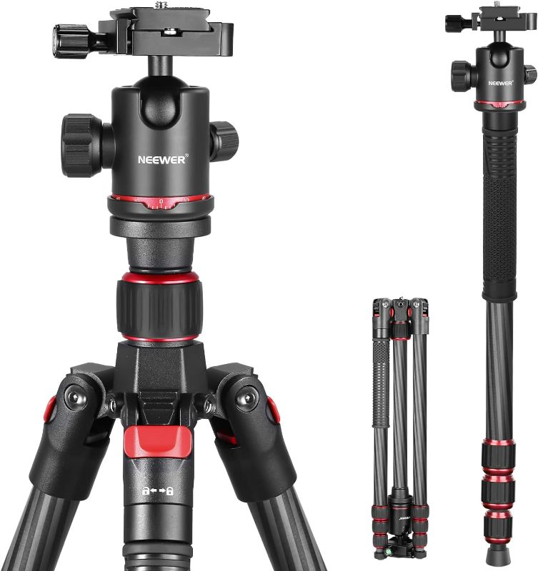 Photo 1 of NEEWER 66"/168cm Carbon Fiber Tripod for Camera with 360° Panorama Ball Head, 1/4" Arca QR Plate, Portable Bag, Compact Travel Tripod Monopod for DSLR Video Camcorder, Max Load 26.5lb/12kg, N55C
