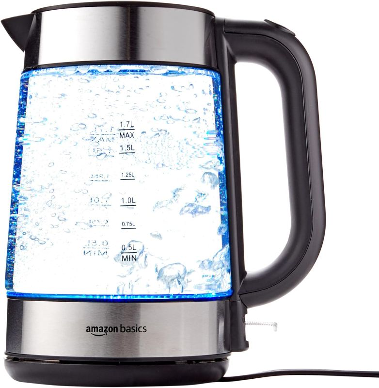 Photo 1 of Amazon Basics Electric Glass and Steel Hot Tea Water Kettle, 1.7-Liter, Black and Sliver
