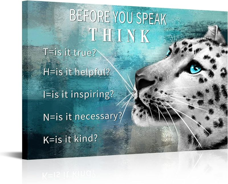 Photo 1 of Visual Art Decor Inspirational Quote Poster Before You Speak Think Canvas Poster Black and White Leopard on Abstract Turquoise and Grey Background Picture Prints Artwork for Home Office Nursury
