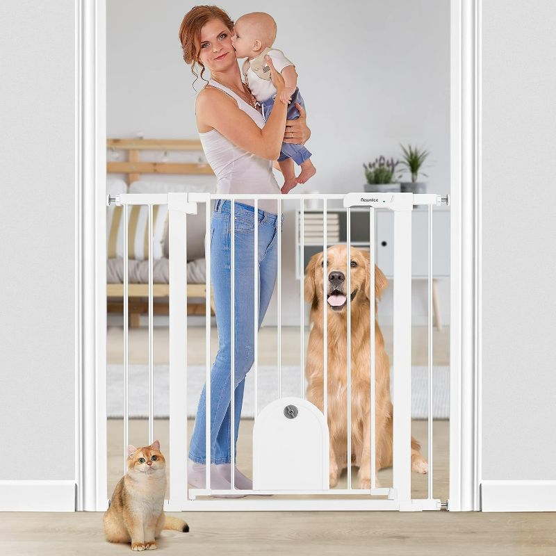 Photo 1 of 36" Extra Tall Baby Gate with Small Cat Door, 29.7"-40.6" Auto Close Baby Gate for Dogs and Kids, Easy Walk Thru & Durable Dog Pet Gates for Stairs, Doorway, House, Includes 4 Wall Cups, White

