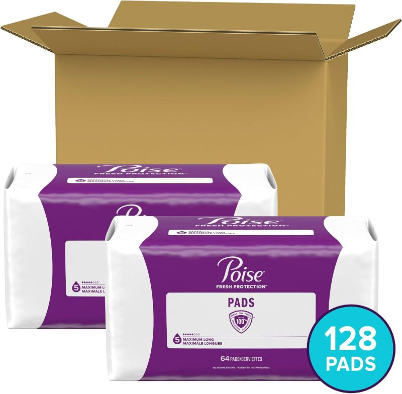 Photo 1 of Poise Incontinence Pads & Postpartum Incontinence Pads, 5 Drop Maximum Absorbency, Long Length, 128 Count (2 Packs of 64), Packaging May Vary
