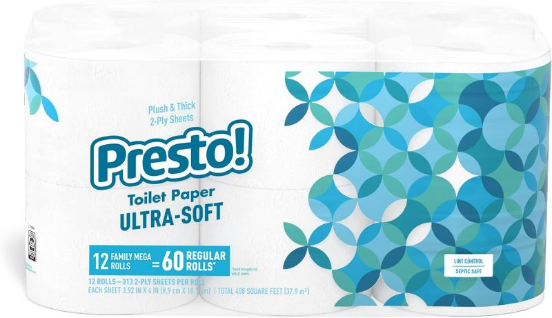 Photo 1 of Amazon Brand - Presto! 313 2-Ply Sheet Mega Roll Toilet Paper, Unscented, Ultra-Soft, 12 Rolls (2 Packs of 6), Equivalent to 60 Regular Rolls, White
