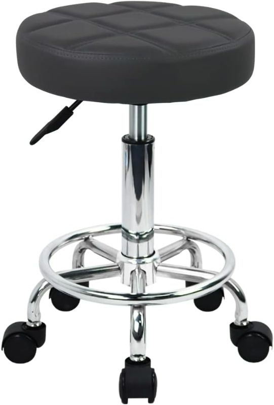 Photo 1 of Round Rolling Stool with Footrest PU Leather Height Adjustable 360° Swivel Stool with Wheels Office Stool Chair Home Drafting Work Studio Shop SPA Salon Small (Grey)
