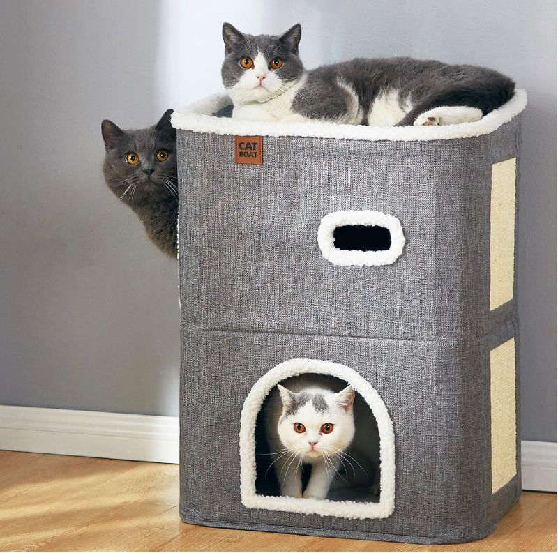 Photo 1 of 2-Storey Cat House for Indoor Cats Bed, Covered Cat Beds & Furniture with Scratch Pad and Hideaway Cave, Cute Modern Cat Condo for Multi Small Pet Large Kitten Kitty, Grey
