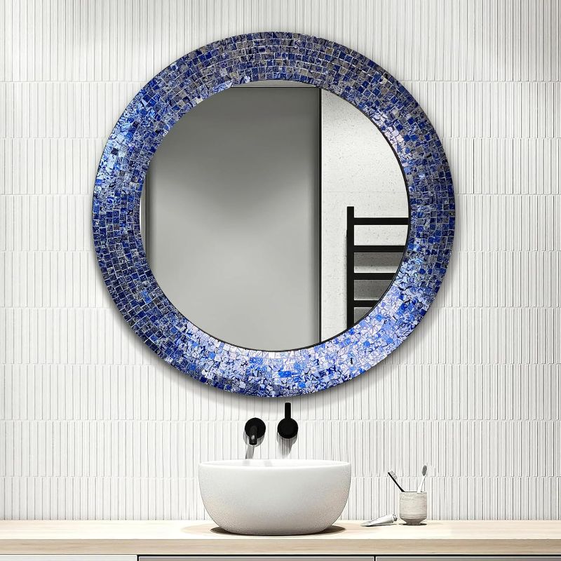 Photo 1 of 24" Sapphire and Silver, Handmade Wall Mirror, Decorative Glass Mosaic, Mosaic Wall Mirror, Mosaic Round Mirror (Dark Blue)
