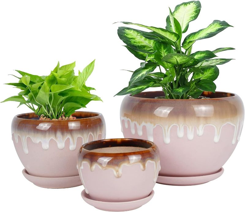 Photo 1 of SQOWL Ceramic Flower Plant Pot with Drainage Hole and Saucer 4+5+6 inch Succulent Planter Pot for Indoor Plants
