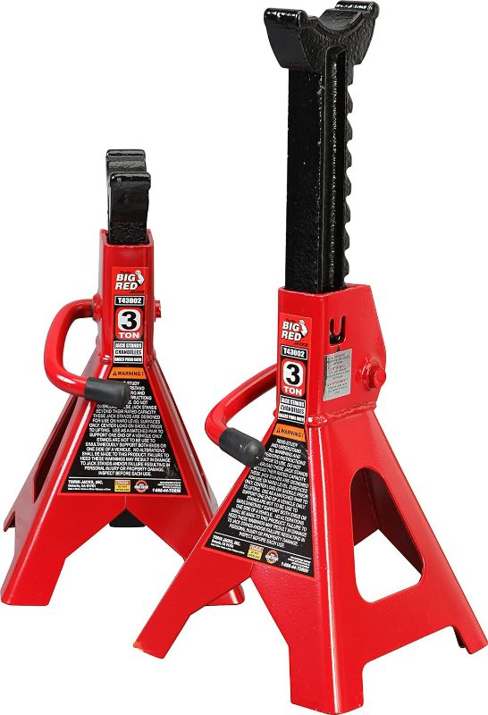 Photo 1 of  3 Ton Ratchet Jack Stand Pair, 4000 Pound 2-Piece Heavy Duty Steel Stands, Wide Angle Stability, Adjustable Height - Red 640399
