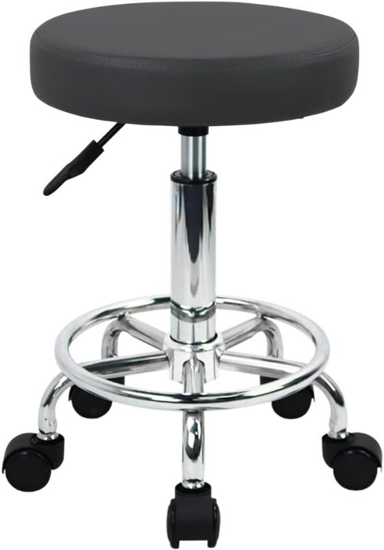 Photo 1 of Round Rolling Stool with Footrest PU Leather Height Adjustable 360° Swivel Stool with Wheels Office Stool Chair Home Drafting Work Studio Shop SPA Salon Small 
