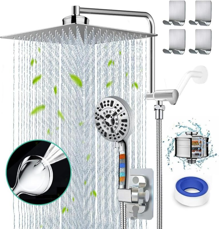 Photo 1 of AMORIX Filtered Shower Head 12" Rain Shower Heads with Handheld Spray Combo 10 Settings Built-in 2 Power Wash, Dual Filter for Hard Water Rainfall Showerhead +12" Shower Extension Arm, 79" Shower Hose
