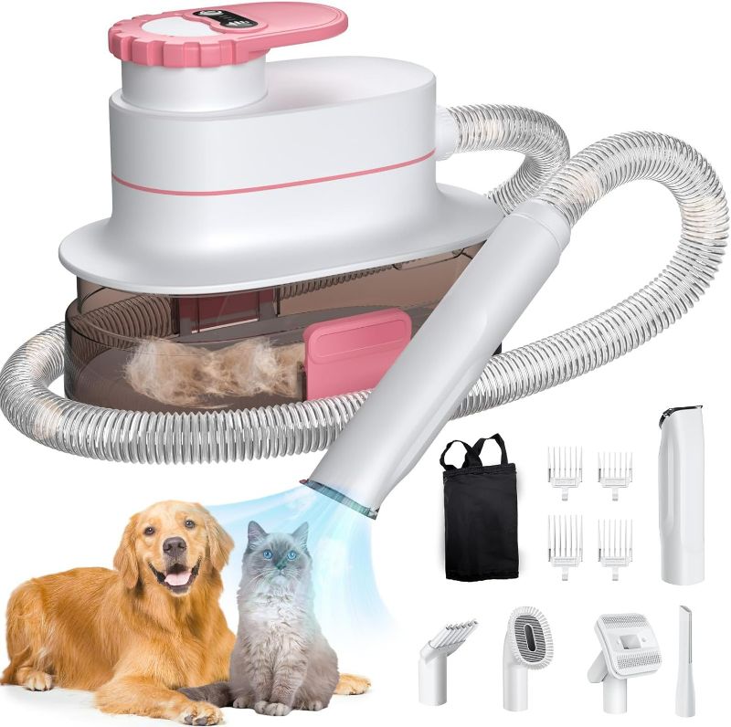 Photo 1 of Pet Grooming Kit 4L Vacuum Suction for Pet Hair with 8 Tools Grooming Clippers & Nozzle & Blowing Dryer & Cleaning and Brush & Storage Bag for Dogs Cats, Pink
