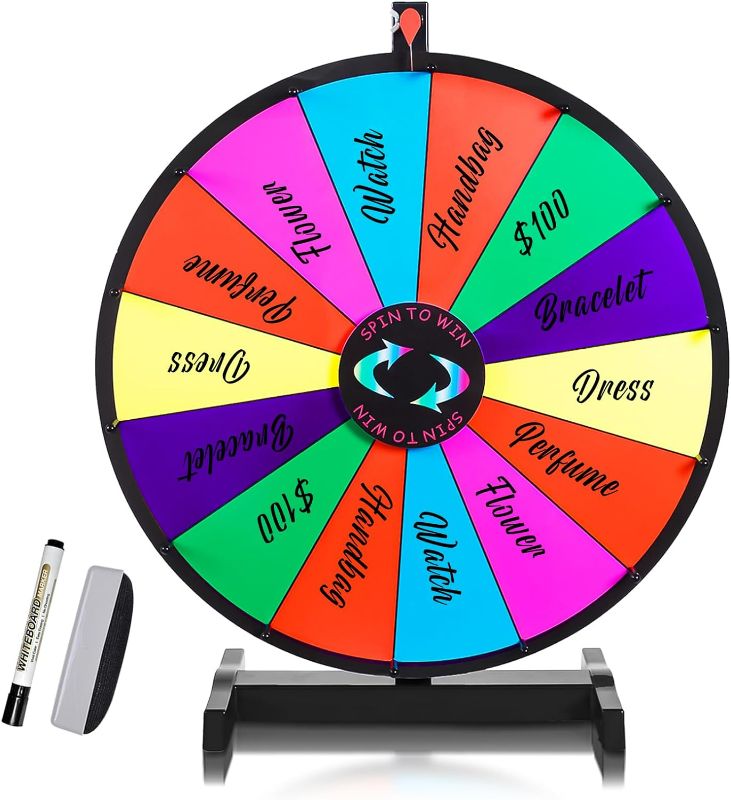 Photo 1 of 24" Spinning Prize Wheel of Fortune 14 Slots Spinner Wheel for Prizes with Stand, Dry Eraser and Marker Pen for Trade Show Carnival
