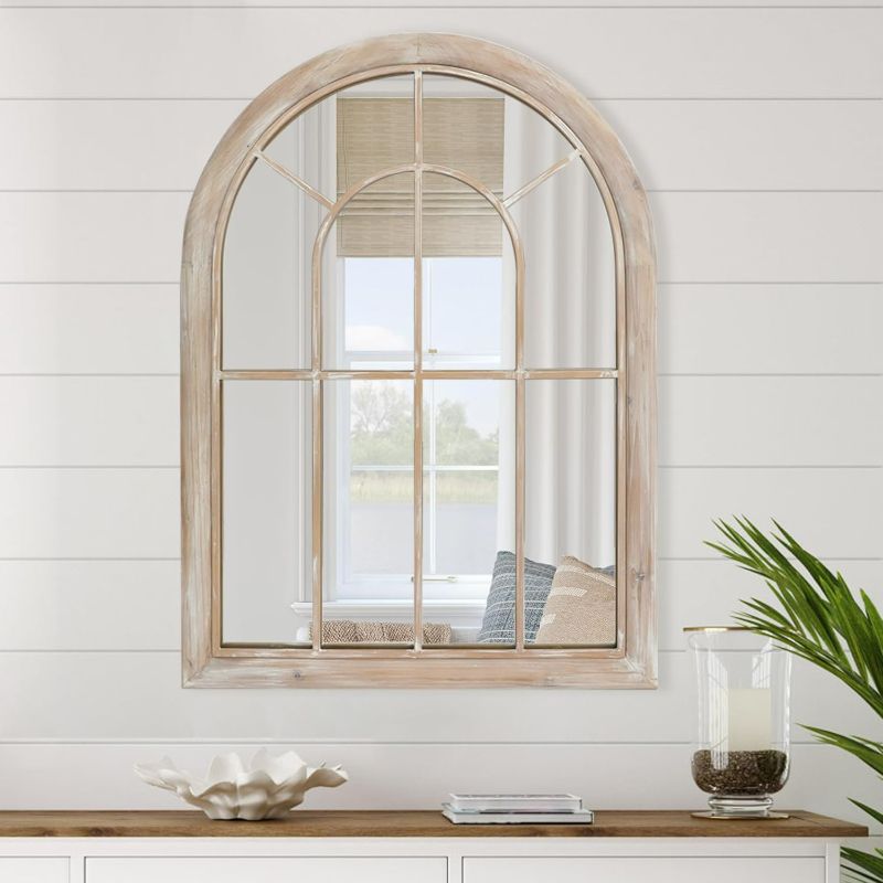 Photo 1 of Wood Farmhouse Window Pane Mirror, Arched Distressed Wall Mirror, Decorative Mirror for Fireplaces, Hallways, Living Room, Entryway, 36" Lx 26" W
