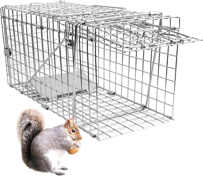 Photo 1 of 17.3" Heavy Duty Squirrel Trap, Folding Live Small Animal Cage Trap, Humane Cat Traps for Stray Cats, Rabbits, Raccoons, Skunks, Possums and More Rodents, Catch and Release.
