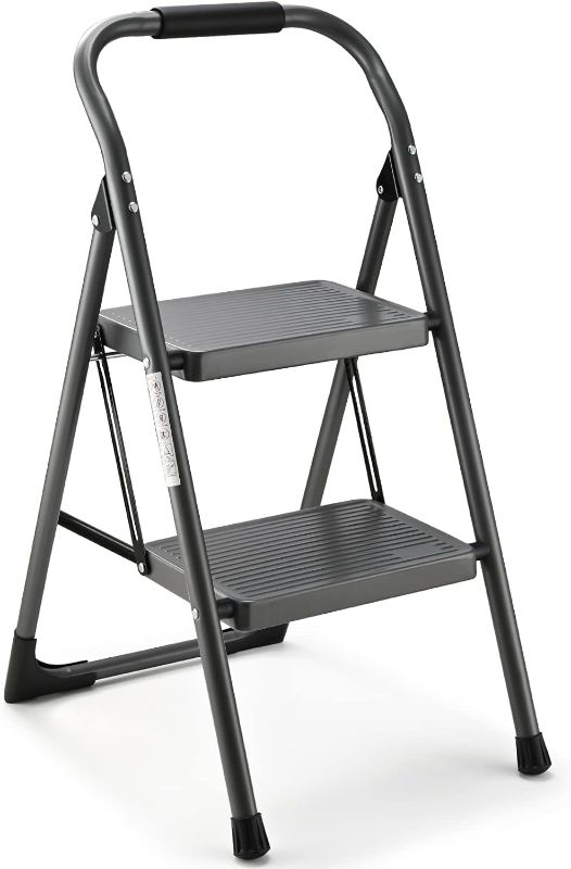 Photo 1 of Step Ladder Folding 2 Step Stool Adult with Wide & Anti-Slip Pedals Ergonomic Portable Steel Ladder for Household, Kitchen, Office 330LBS (Gray)
