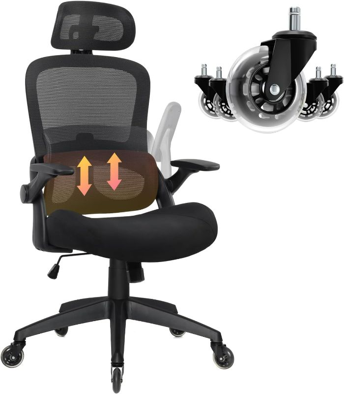 Photo 1 of Ergonomic Mesh Office Chair, High Back Comfortable Desk Chair with Adjustable Lumbar Support, Headrest and Flip-up arms, Wide Memory Foam Seat, Executive Swivel Chair(Black)
