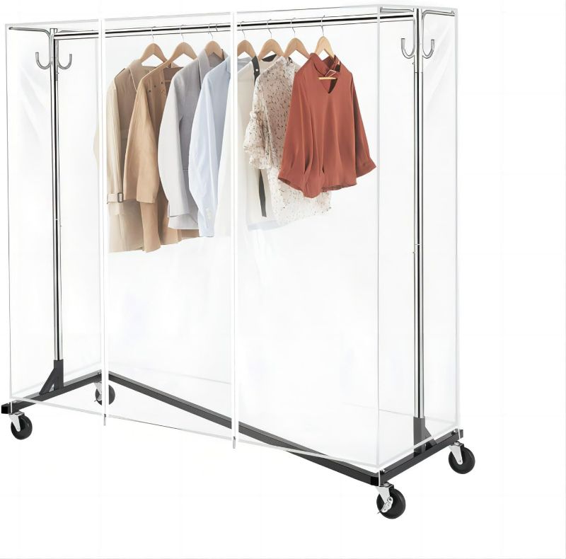 Photo 1 of GREENSTELL Clothes Rack with Cover & Tube Bracket, Industrial Pipe Z Base Clothing Garment Rack on Wheels with Brakes, Heavy Duty Sturdy Square Tube Garment Rack Black (59x24x68 inch)

