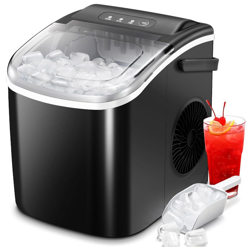 Photo 1 of Ice Makers Countertop with Self-Cleaning, 26.5Lbs/24Hrs, 9 Cubes Ice Ready in 6 Mins, Portable Ice Maker with Ice Scoop/Basket for Home/Kitchen/Office/Bar, Black(with Handle)
