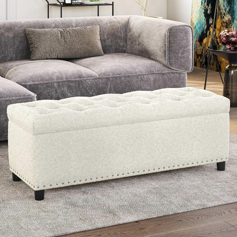 Photo 1 of BELLEZE 35 Inch Button-Tufted Ottoman Linen Storage Bench with Safety Close Hinge for Living Room, Entryway, Hallway, Foot Rest, Support 300lbs - White
