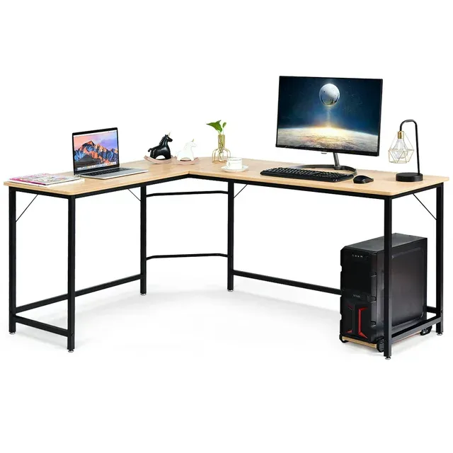Photo 1 of Costway L-Shaped Computer Desk Corner Workstation Study Gaming Table Home Office-Natural
