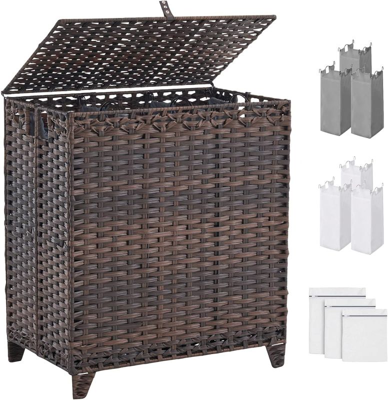 Photo 1 of Laundry Hamper with Lid, 190L Large Laundry Basket 3 Section with 6 Removable Liner Bags & 3 Mesh Laundry Bags, Handwoven Rattan Clothes Hamper with Heightened Feet, No Install Needed, Brown
