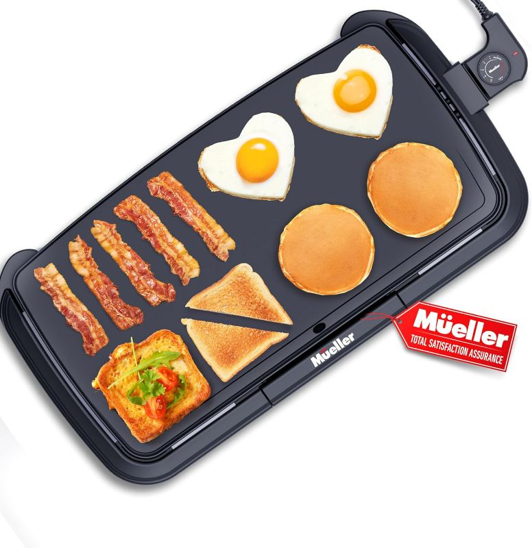 Photo 1 of Mueller HealthyBites 20-inch Electric Griddle, Cool-Touch Handles, Slide-Out Drip Tray for Breakfast Pancakes, Burgers, and Eggs, Eco-Friendly Pancake Grill, 10 Eggs at Once, Nonstick & Teflon-Free
