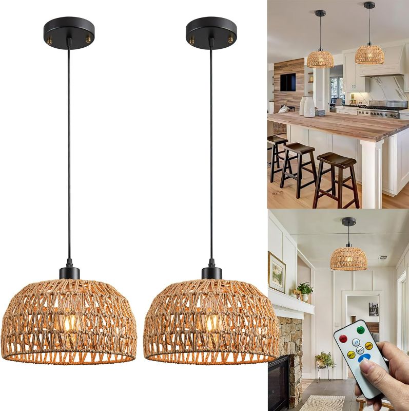 Photo 1 of Battery Operated Pendant Light With Remote,Battery hanging light Rattan Woven Chandelier No Wiring Needed,Rechargeable Light Bulb 30+Hours Continue Use,Perfect For Kitchen Islands Ceiling Lighting
