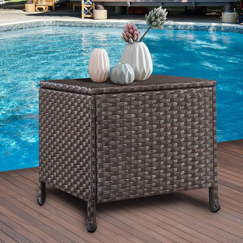 Photo 1 of  Valita Goognice Outdoor PE Wicker Side Table with Storage Patio Resin Rattan End Table Square Container for Furniture Covers, Toys and Gardening Tools Brown
