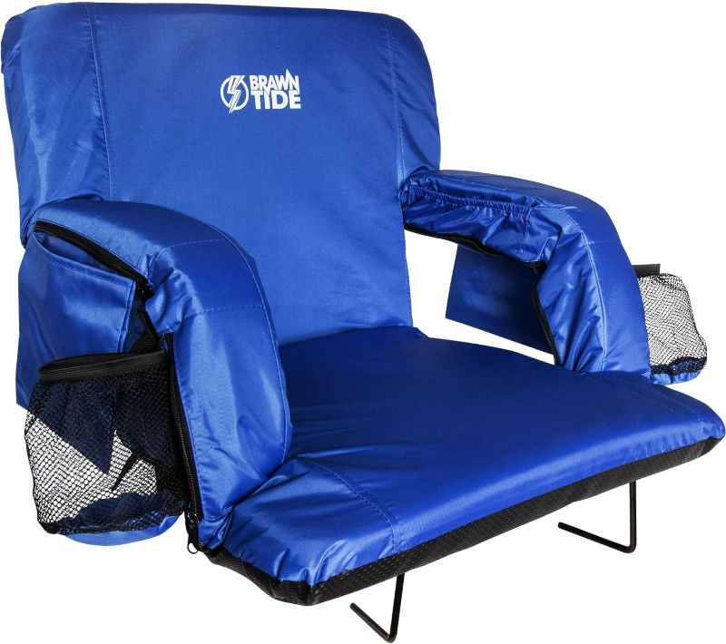Photo 1 of BRAWNTIDE Stadium Seat with Back Support - Comfy Cushion, Thick Padding, 2 Steel Bleacher Hooks, 4 Pockets, 2 Cup Holders, Reclining Back, Ideal Chair for Sport Events, Beaches, Camping, Concerts
