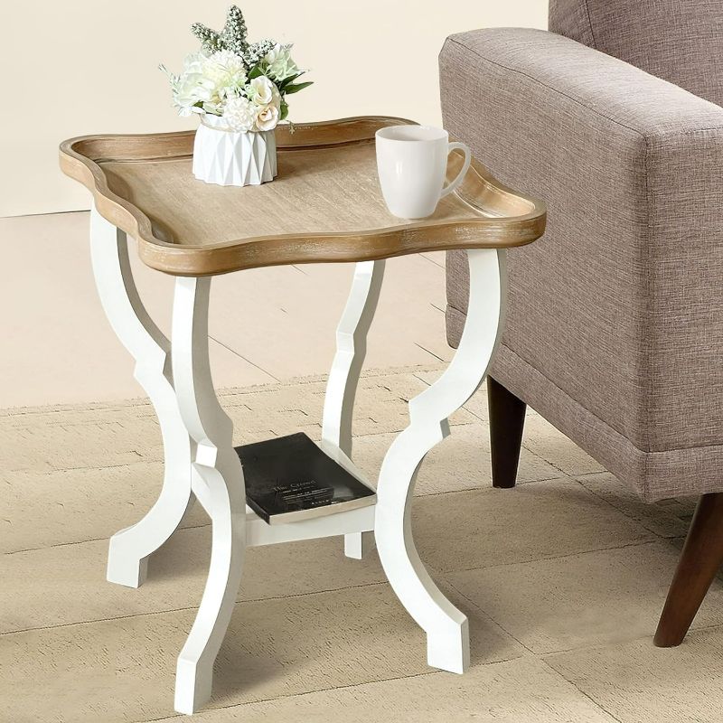 Photo 1 of Farmhouse End Table, Wood Square Side Table, 2 Tiers Accent Table for Family, Living Room or Small Spaces, Concave Legs, White and Brown
