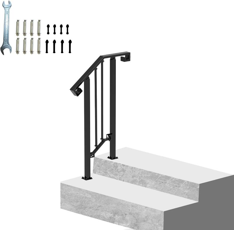 Photo 1 of Handrails for Outdoor Steps, Outdoor Stair Railing Fits 2 Steps, Wrought Iron Handrail with Installation Kit, Sturdy Outdoor Handrails for Garden, Yard or Porch
