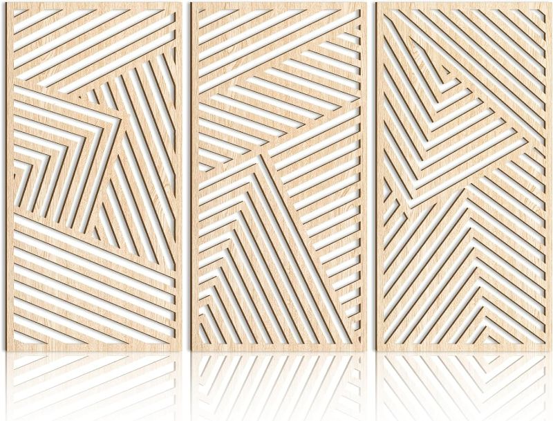 Photo 1 of Geometric Wood Wall Art Geometry Boho Minimalist Line Hollow Wall Decor Large Wooden Art Wall Decor 3 Panels Wall Sculptures for Living Room Bedroom Office 16x32 Inch
