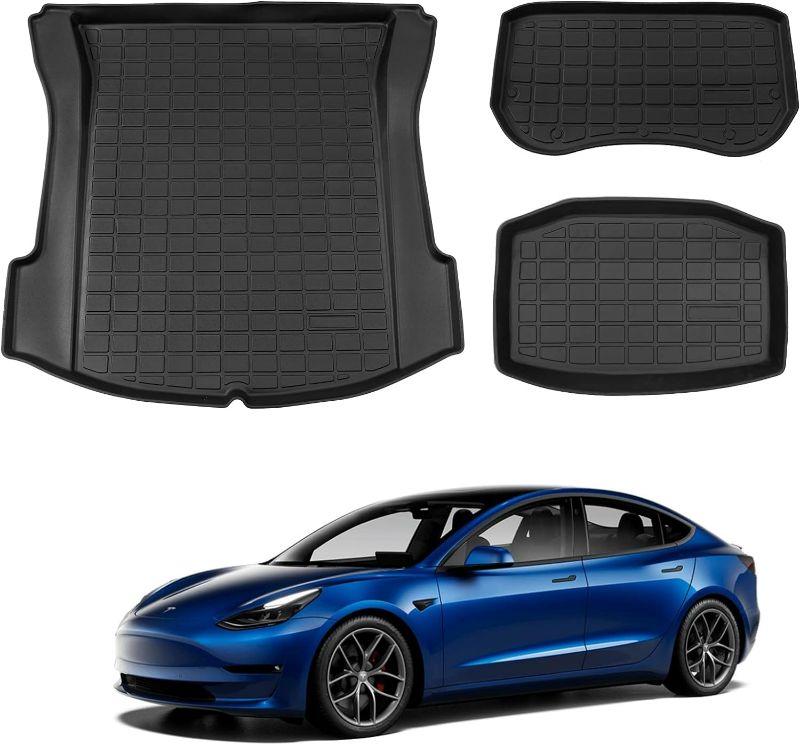 Photo 1 of Cargo Mat Compatible with 2021 2022 2023 Tesla Model 3 Trunk Mats Front Trunk Liner TPE Rear Storage Mat Cargo Liners All Weather Tesla Model 3 Accessories (Set of 3 Mats 2021+)
