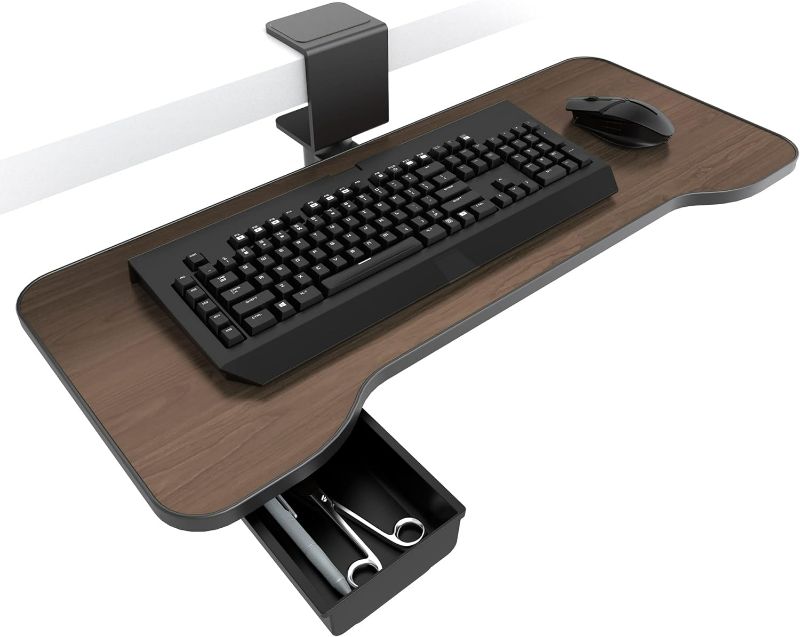 Photo 1 of Keyboard Tray Under Desk,360 Rotating Keyboard&Mouse Tray with Drawer,Yikola Desk Extender Adjustable C-Clamp, Ergonomic Platform Tray Under Table,No Drilling Install 23.54'' x 9.8''in-Walnut Pattern
