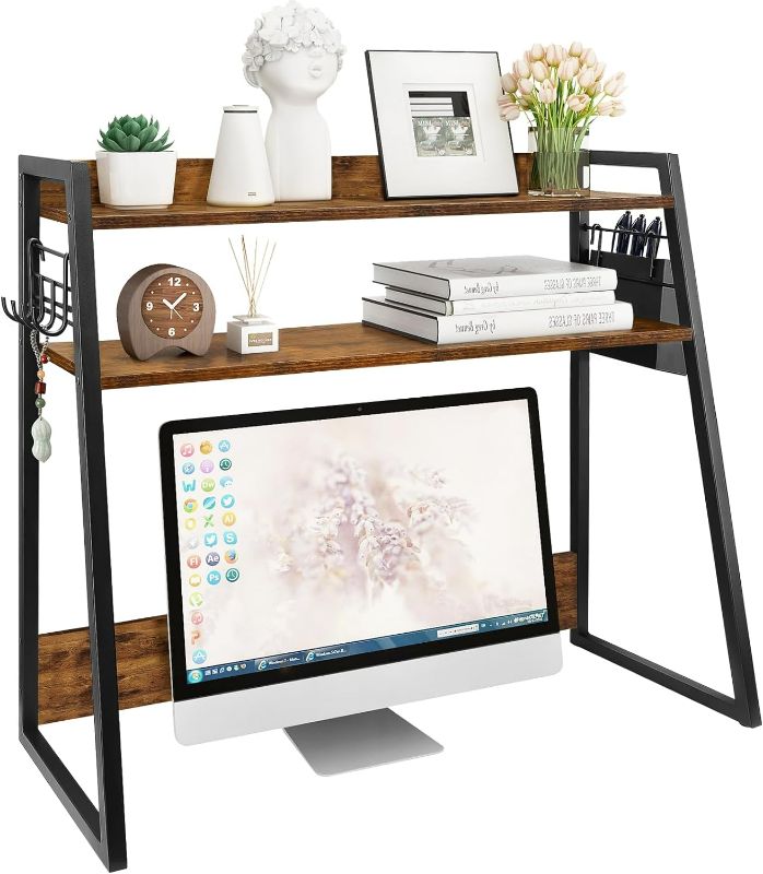 Photo 1 of Desktop Bookshelf, Countertop 2-Tier Display Rack with Pen Holder and Hooks for Computer Desk, Multipurpose Wood Desktop Hutch Storage Organizer for Dorm Office Home
