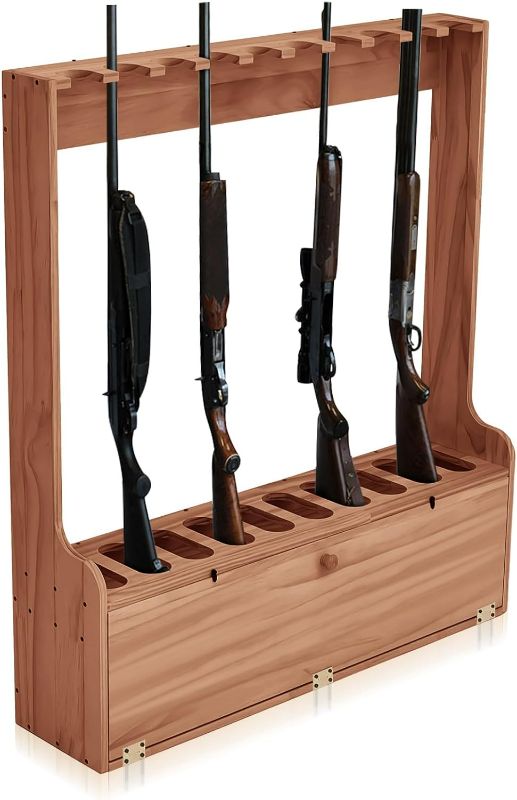 Photo 1 of Rack, Ten  Wooden Standing Floor Gun Display Rack, Gun Display Rack with Storage Compartment for Home or Garage Safe Hunting Gun Storage