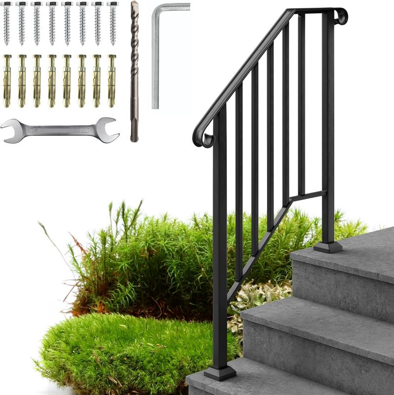 Photo 1 of Metty Metal Hand Rails for Outdoor Steps- 1 to 5 Step Wrought Iron Stair Railing Indoor Set - Powder Coated Black Finish Hand Rails for Indoor Stairs, Exterior Steps, Porch Railing, DIY Installation
