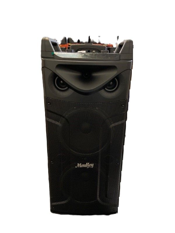 Photo 2 of Moukey Karaoke Machine, Double 10" Woofer PA System for Party, Portable Bluetooth Speaker with 2 Wireless Microphones, Disco Lights and Echo/Treble/Bass Adjustment, Support TWS/REC/AUX/MP3/USB/TF/FM New Double 10" Woofer
