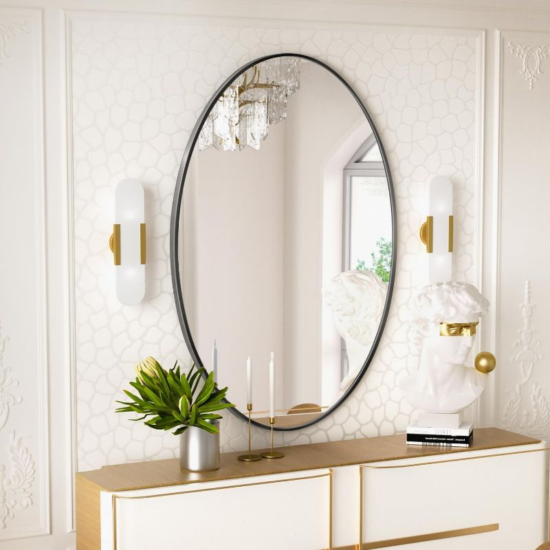 Photo 1 of (Gold) Oval Wall Mirror, 20X28 Inch Oval Mirror for Wall, Bathroom Wall Mirror, Vanity Mirror, Pill Shaped Mirror for Bathroom, Mirror Farmhouse, Anti-Rust, HD Tempered Glass, Black
