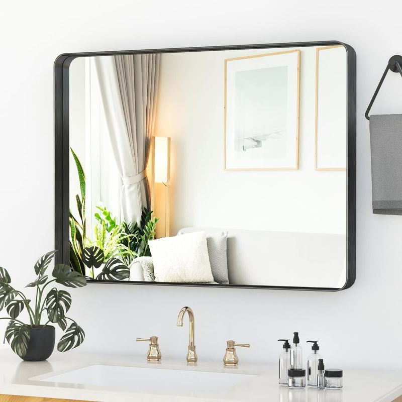 Photo 1 of Bathroom Mirror, 24" x 32" Wall Mounted Vanity Brushed Rounded Corner Metal Framed, Rectangle Bathroom Vanity Mirror, Tempered Glass, Anti-Rust, Horizontal/Vertical
