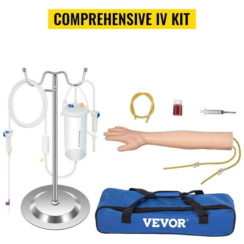 Photo 1 of VEVOR Intravenous Practice Arm Kit Made of PVC Latex Material Phlebotomy Arm with Infusion Stand Practice Arm for Phlebotomy with a Storage Handbag IV Practice Arm Kit for Venipuncture Practice
