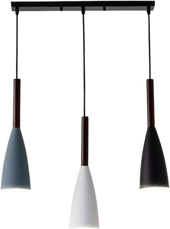 Photo 1 of Modern Industrial 3 Lights Straight Metal Lampshade and Wood Finish Pendant Lights Fixtures for Kitchen Island(Straight)
