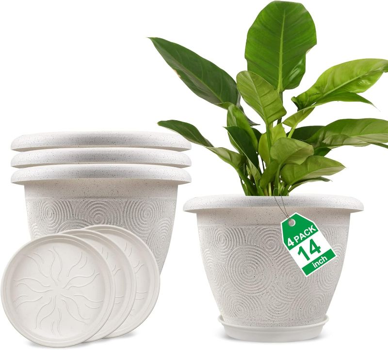 Photo 1 of Plastic Flower Pots Planters for Indoor Plants, 4 Pack 14 Inch White Plant Pots with Drainage Hole & Tray, Modern Decorative Large Plant Pot with Saucer for Indoor Outdoor Plants Garden House Planter
