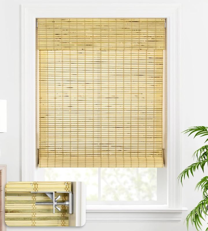 Photo 1 of No Tools No Drill Bamboo Roller Shades, Cordless Bamboo Blinds, Light Filtering Bamboo Roll Up Blinds for Windows, Wood Window Blinds - Actual Blinds Size: 47 1/5''W x 72''H, Petite Rustique
