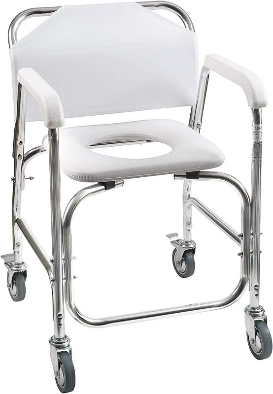Photo 1 of DMI Rolling Shower Chair, Commode, Transport Chair, FSA Eligible, Rolling Bathroom Wheelchair for Handicap, Elderly, Injured or Disabled, Rear Locking Wheels, 250 lb. Weight Capacity, White
