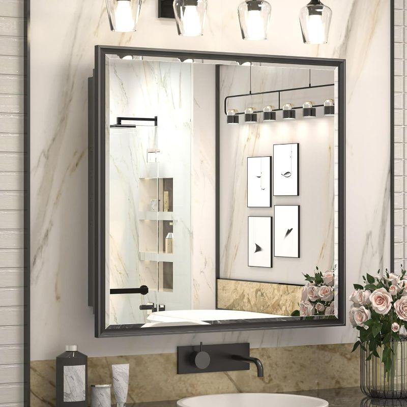 Photo 1 of Keonjinn 30” x 32” Black Bathroom Medicine Cabinets with Mirror, Recessed or Surface Wall-Mounted, 2 Adjustable Shelves, Aluminum Alloy Framed Beveled Mirror, Single Door Bathroom Mirror with Storage
