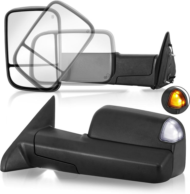 Photo 1 of Pair Power Heated Towing Mirrors Compatible for 2009-2018 Dodge Ram 1500 2500 3500/19-2024 Ram 1500 Classi w/LED Turn Signal Light White Running Light Temperature Sensor (Black)
